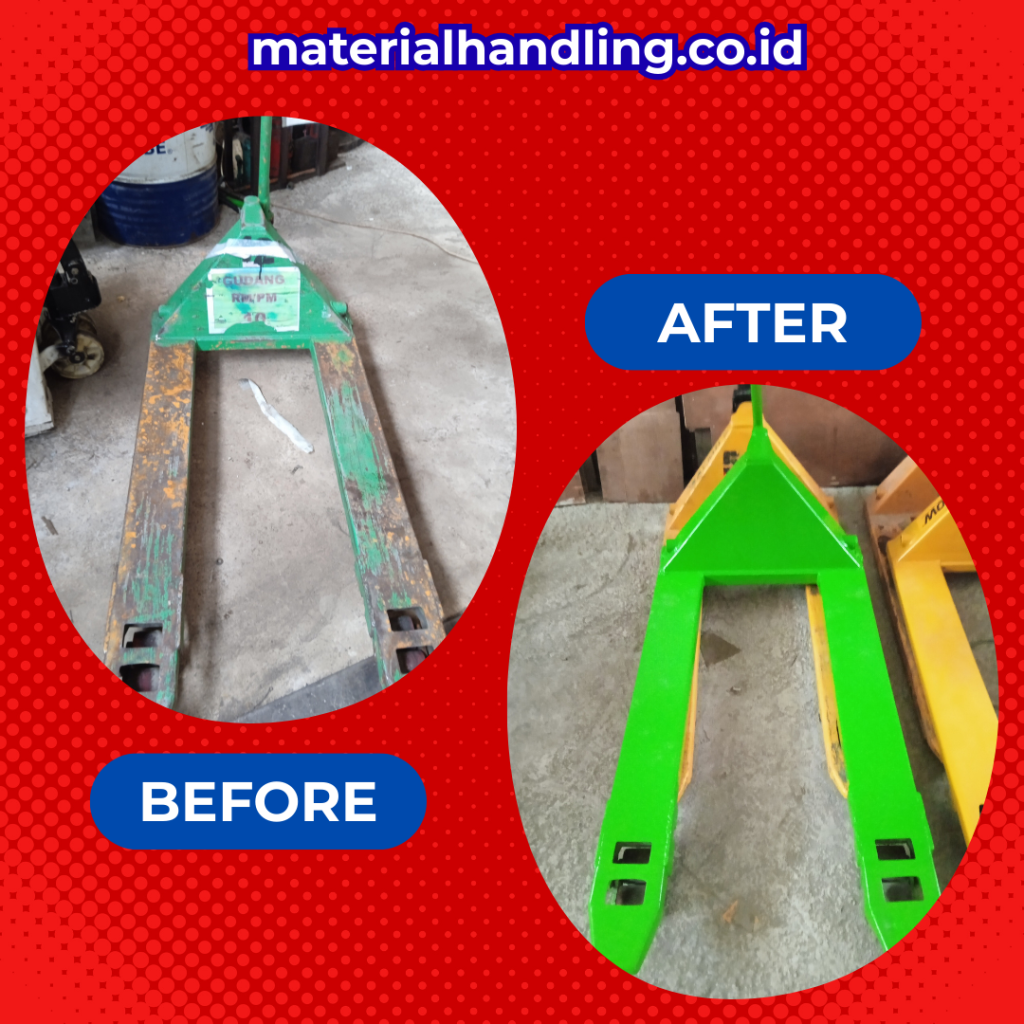 Hasil cat ulang hand lift setelah pengerjaan service hand lift Jakarta terdekat, unit terlihat seperti baru dan rapi.