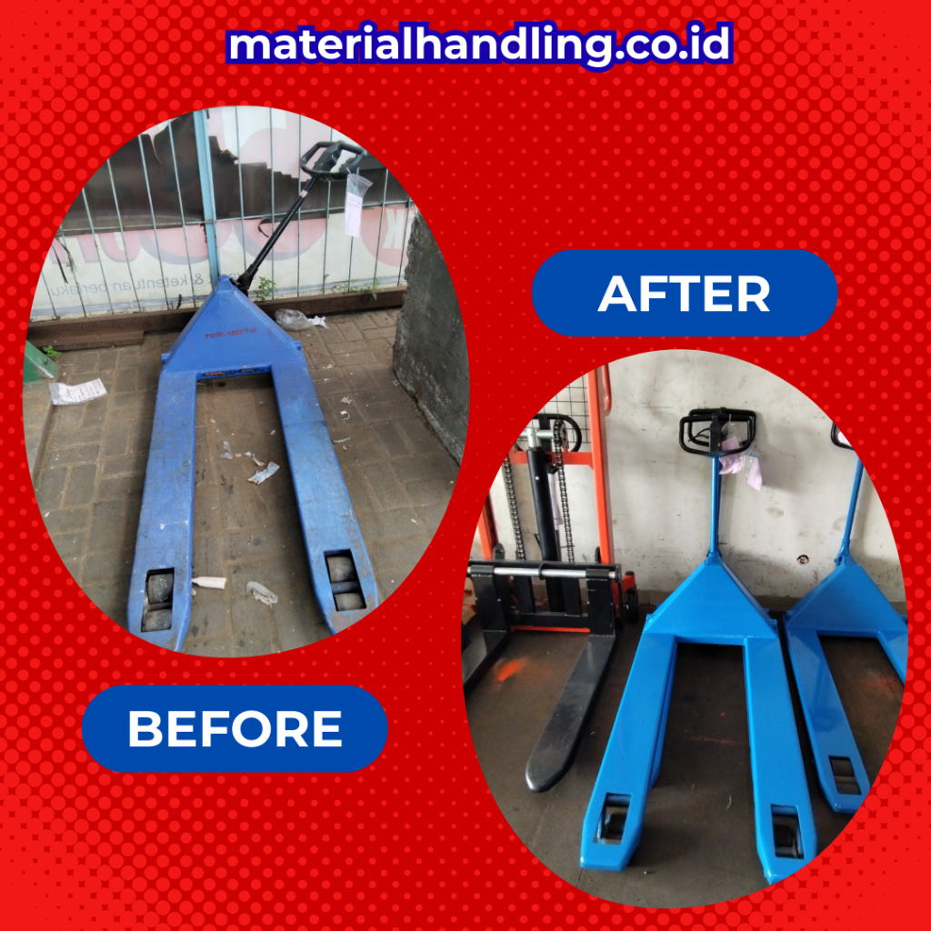 Perubahan kondisi jack pallet setelah service hand pallet Jakarta, dari sebelum hingga sesudah diperbaiki.
