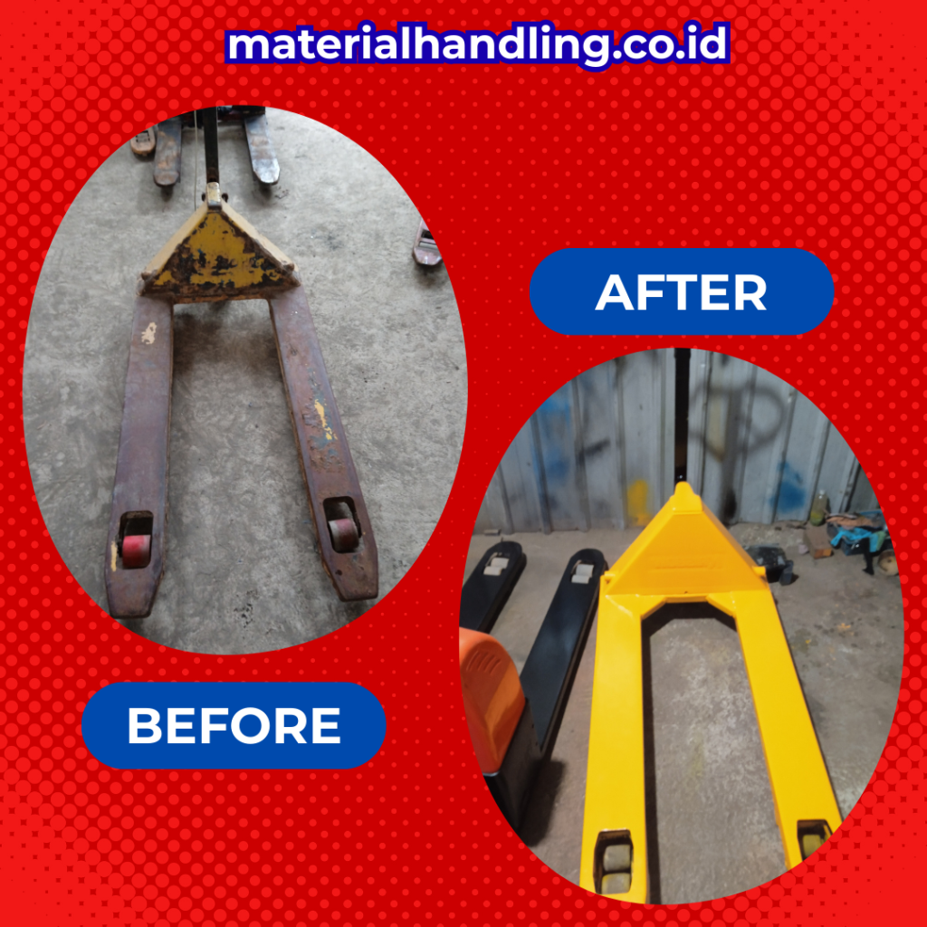 Hasil service hand pallet Jakarta terdekat pada unit jack pallet, tampilan sebelum & setelah perawatan oleh teknisi.