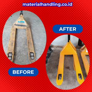Sebelum di service unit tampak kusam dan berkarat namun setelah pengerjaan service hand pallet Surabaya tampak seperti baru karena telah dilakukan pengecatan ulang unit.